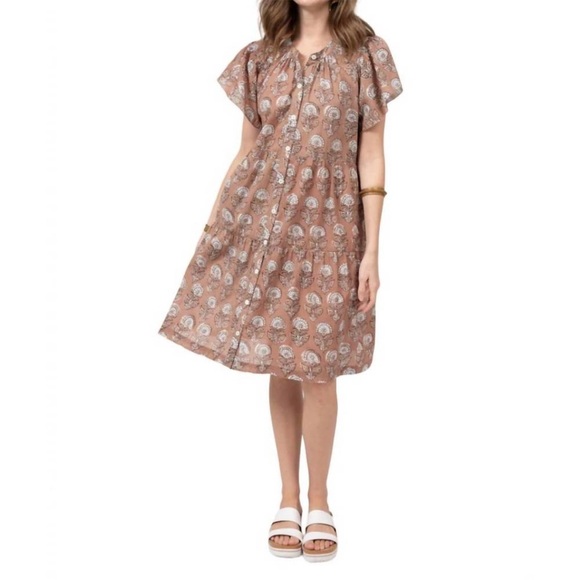 UNCLE FRANK smocked flutter sleeve block floral dress in cocoa brown Sz S - Picture 1 of 7